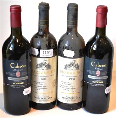 Lot 1151 - Bruno Giacosa Barbaresco DOCG 1988 (x2);  Tenute Folonari Cabreo Il Borgo Toscana IGT 1990 (x2)...