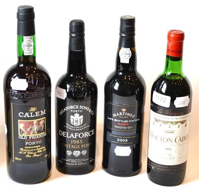 Lot 1172 - Delaforce 1985, vintage port; Mouton Cadet 1972; Martinez 2003 LBV; Fine Tawny Port (four bottles)