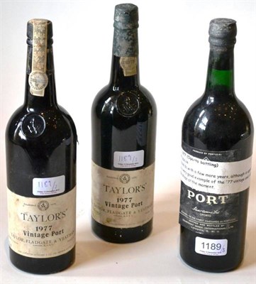 Lot 1189 - Taylor 1977, vintage port (x3) (three bottles) U: into necks, one lacking capsule but retains paper