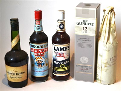 Lot 1204 - Lamb's Navy Rum, 750ml, 40%; Wood's 100 Old Navy Rum, circa 1980's, 75cl; The Glenlivet 12 Year...