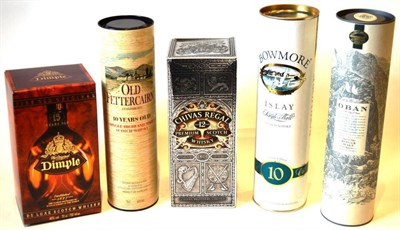 Lot 1252 - Bowmore 10 Year Old, screen printed label, 75cl, 40%; Oban 15 Year Old, 70cl, 40%; Chivas...