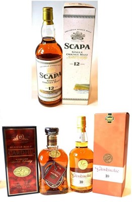 Lot 1256 - Cardhu 12 Year Old, litre, 40%; Scapa 12 Year Old, litre, 40%; Glenkinchie 10 Year Old, 70cl,...