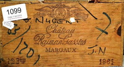 Lot 1099 - Chateau Rauzan-Gassies 1961, Margaux, owc (twelve bottles) U: 8x top shoulder 4x upper shoulder