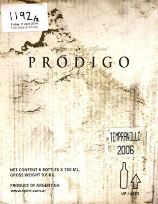 Lot 1192 - Alessandro Speri Prodigo Tempranillo 2006, La Consulta, Valle de Uco, Argentina (twelve bottles)