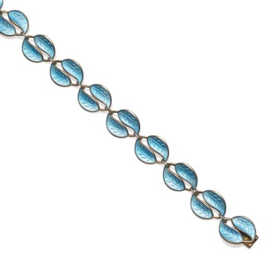 Lot 17 - A Twin Leaf Enamelled Bracelet, by David Andersen, the links enamelled in pale blue, length 18cm