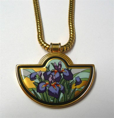 Lot 26 - A Enamelled Pendant, by Frey Wille, the semi-circle pendant depicting iris flowers, stamped 'M....