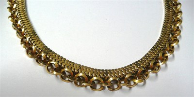 Lot 32 - A French Gold Fancy Link Necklace, of interlocking brick links, with a row of loops to the...