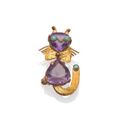 Lot 38 - An Amethyst and Turquoise Stylised Cat Brooch, by Birks, measures 2.2cm by 3.6cm