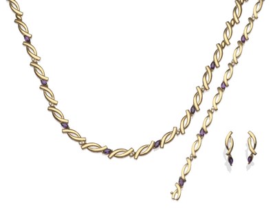 Lot 39 - A 9 Carat Gold Amethyst and Diamond Necklace with Matching Bracelet and Earrings, loop links...