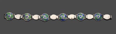 Lot 64 - A Silver Art Nouveau Bracelet, circular links with a granulated texture enamelled in blue and green