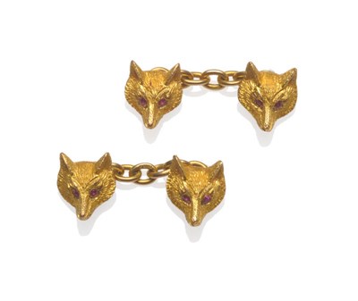 Lot 73 - A Pair of 9 Carat Gold Cufflinks, each comprises two realistically modelled fox masks, chain...