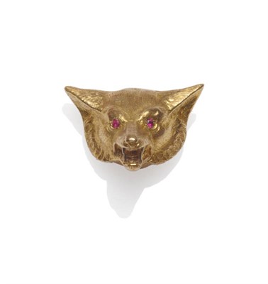 Lot 74 - A 9 Carat Gold Fox Mask Brooch, with red stone eyes, measures 2.7cm by 2.2cm