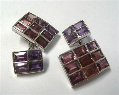 Lot 92 - A Pair of Pink Tourmaline and Amethyst Cufflinks, the step cut stones pavé set throughout, a...