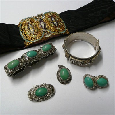 Lot 116 - A Small Quantity of Jewellery, including a turquoise set bracelet, earrings, pendant and brooch...