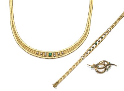 Lot 127 - An Emerald and Diamond Necklace, Bracelet and Brooch, the necklace of textured links and twist...