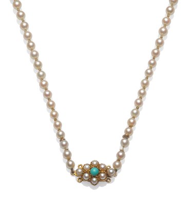 Lot 152 - A Cultured Pearl Necklace, the graduated pearls strung to a turquoise and split pearl clasp, length