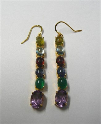 Lot 172 - A Pair of Multi Stone Drop Earrings, oval cabochon stones including peridot, topaz and...