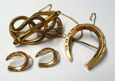 Lot 174 - A Horseshoe Brooch with Matching Earrings, realistically modelled, the brooch measures 2.6cm by...