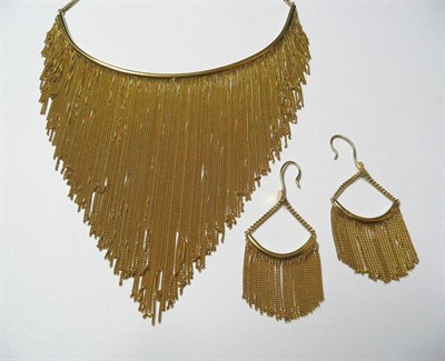 Lot 194 - A Fringe Necklace and Matching Earrings, a curved solid bar suspending fringe drops, necklace...