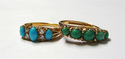 Lot 196 - A Turquoise and Diamond Ring, three oval cabochon turquoise stones spaced by pairs of diamonds,...