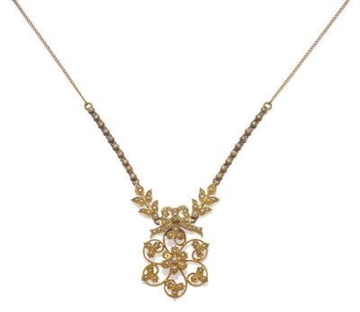 Lot 207 - A Late 19th/Early 20th Century Necklace, a floral motif suspends from a bow, to leaf motifs all set