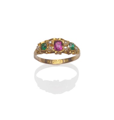 Lot 209 - A 12 Carat Gold Pink Tourmaline, Emerald and Seed Pearl Ring, the coloured stones spaced by...