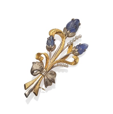 Lot 211 - A Spray Brooch, textured and polished yellow and white sprigs and bow, with seed pearl set...