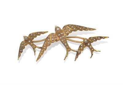 Lot 217 - A Triple Swallow Brooch, graduated birds set throughout with seed pearls  NB some pearls missing