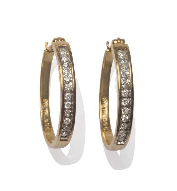 Lot 14 - A Pair of 9 Carat Gold Diamond Set Hoop Earrings, round brilliant cut diamonds in white claw...