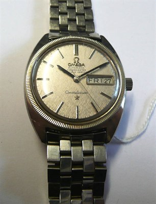 Lot 46 - A Stainless Steel Automatic Calendar Centre Seconds Wristwatch, signed Omega, model: Constellation