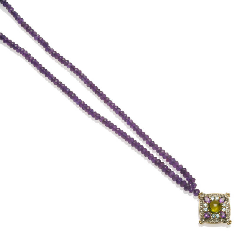 Lot 53 - A Gemstone Necklace, faceted amethyst beads with a pendant drop, comprising a cabochon peridot...