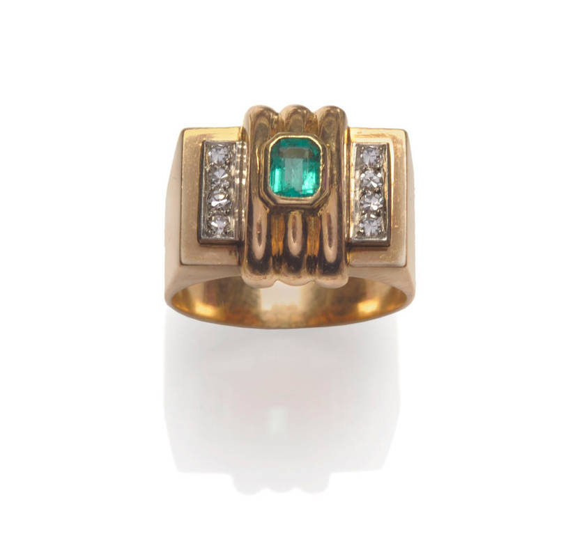 Lot 55 - An Emerald and Diamond Ring, the step cut emerald within a yellow rubbed over setting over a...