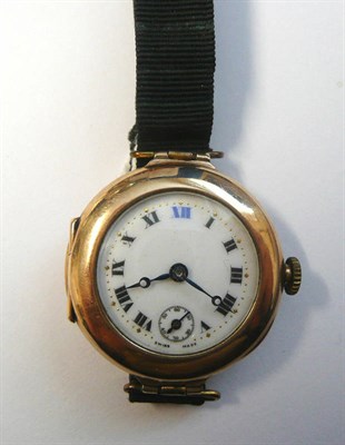 Lot 91 - A Lady's 9ct Gold Wristwatch, 1917, lever movement, enamel dial with Roman numerals, seconds...