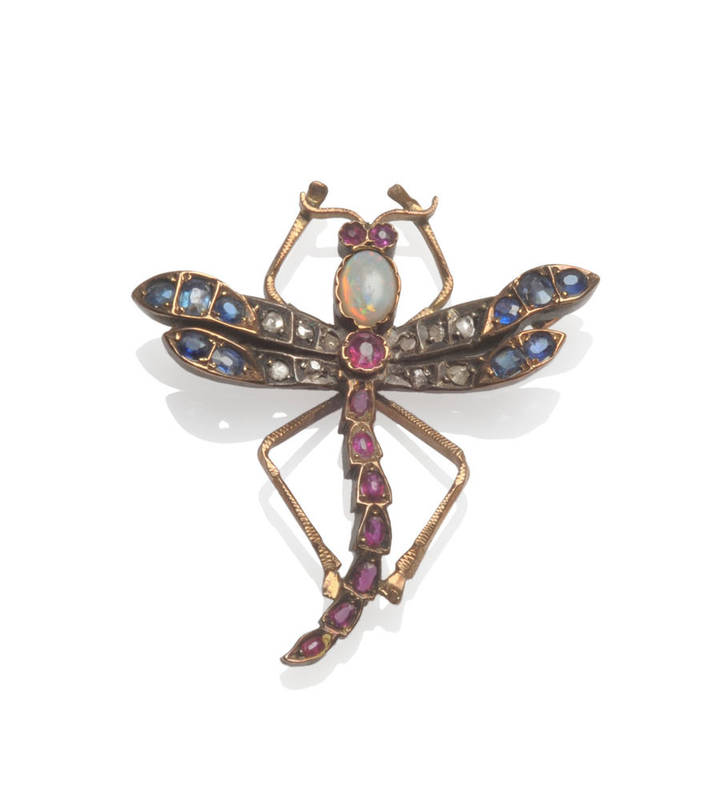 Lot 114 - A Dragonfly Brooch, realistically modelled with an opal and ruby set head and body, and wings...