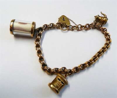 Lot 139 - A Charm Bracelet, the patterned belcher links to a heart shaped padlock, the bracelet hung with...