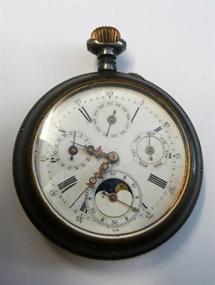 Lot 140 - A Gun Metal Triple Calendar Pocket Watch with Moonphase, circa 1910, lever movement, enamel...