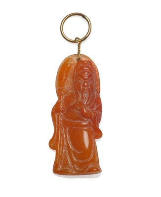 Lot 153 - A Red Jadeite Pendant, carved as a sage, hung from a 9 carat gold loop, length 5.4cm (including...