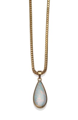 Lot 174 - A 9 Carat Gold Opal Pendant, of polished teardrop form in a bezel setting, drop length 2.8cm on A 9