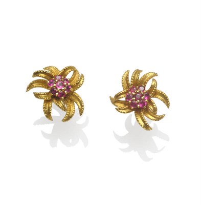 Lot 175 - A Pair of 9 Carat Gold Ruby Set Earrings, a ruby cluster in yellow claw settings centres a stylised