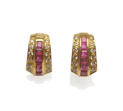 Lot 178 - A Pair of Ruby and Diamond Cuff Earrings, a line of square cut rubies in a yellow rubbed over...