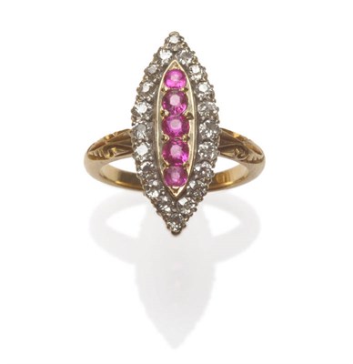 Lot 212 - A Ruby and Diamond Navette Cluster Ring, a row of graduated rubies centrally within a border of old