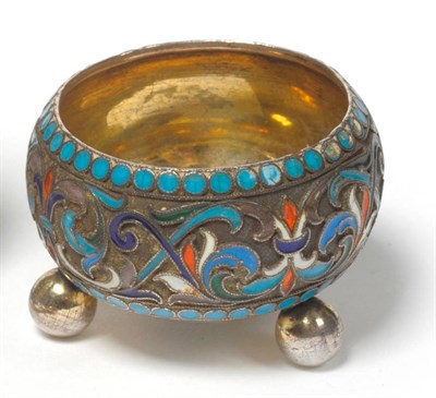 Lot 223 - A Russian Silver and Enamel Salt, maker's mark indistinct, Moskow 1899-1908, decorated in...