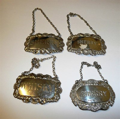 Lot 259 - Three Similar Modern Silver Decanter Labels for "Sherry", and Another for "Whisky" (4)