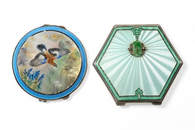 Lot 265 - An Art Deco Silver and Green Enamel Compact, Adie Brothers Ltd, Birmingham 1934, of hexagonal form