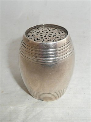 Lot 273 - A Victorian Silver Pounce Pot, George Fox, London 1876, as a barrel with ornately pierced...