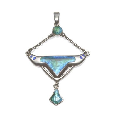 Lot 1004 - A Silver Pendant, by Charles Horner, the drop enamelled in blues and greens, with chain link...