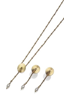 Lot 1007 - A 9 Carat Gold Necklace and Earring Set, by Ola Gorie, a textured disc to beaded chain, with a...