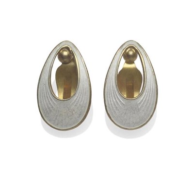 Lot 1008 - A Pair of Scandinavian Earrings, the drop forms guilloche enamelled in white, with clip-on fittings