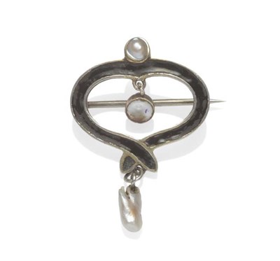 Lot 1010 - An Art Nouveau Brooch, an open looped frame enamelled in black, with a blister pearl surmount...