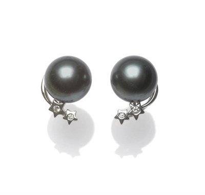 Lot 1025 - A Pair of 18 Carat White Gold Tahitian Pearl Earrings, the cultured dark green-grey pearls with...